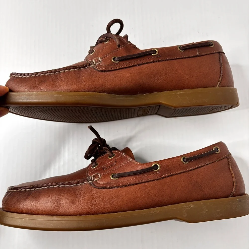 Bass Mens Seafarer Boat Shoe Size 9.5 Moc-Toe Brown Leather Rawhide Lace Preppy